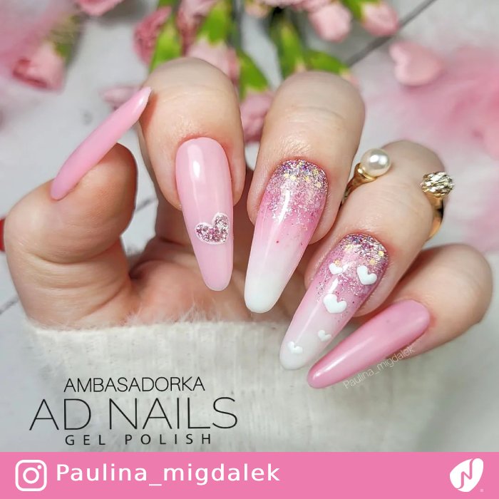 Pink and White Heart Nails